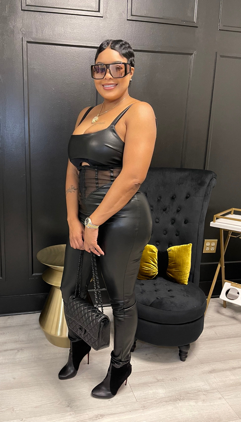 Mesh Cutout Leather Jumpsuit